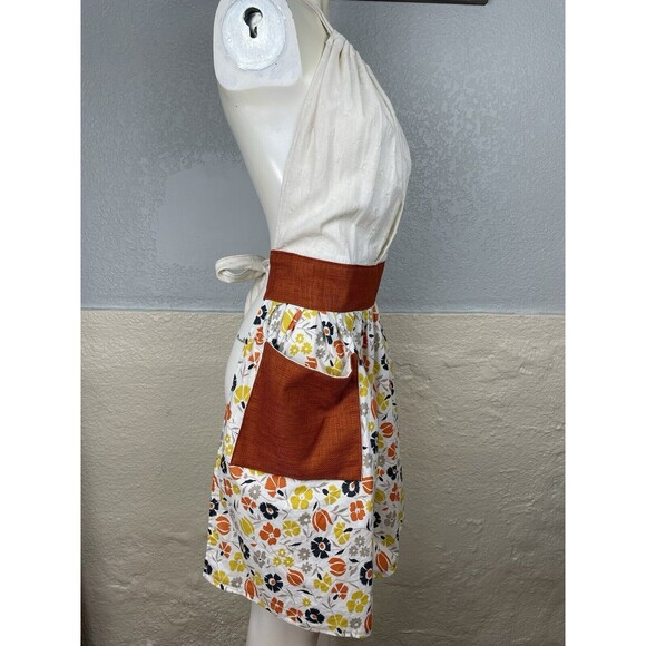 Full Apron Burnt Orange Burlap Pockets Floral Print Halter Smock Retro Inspired - Picture 4 of 15